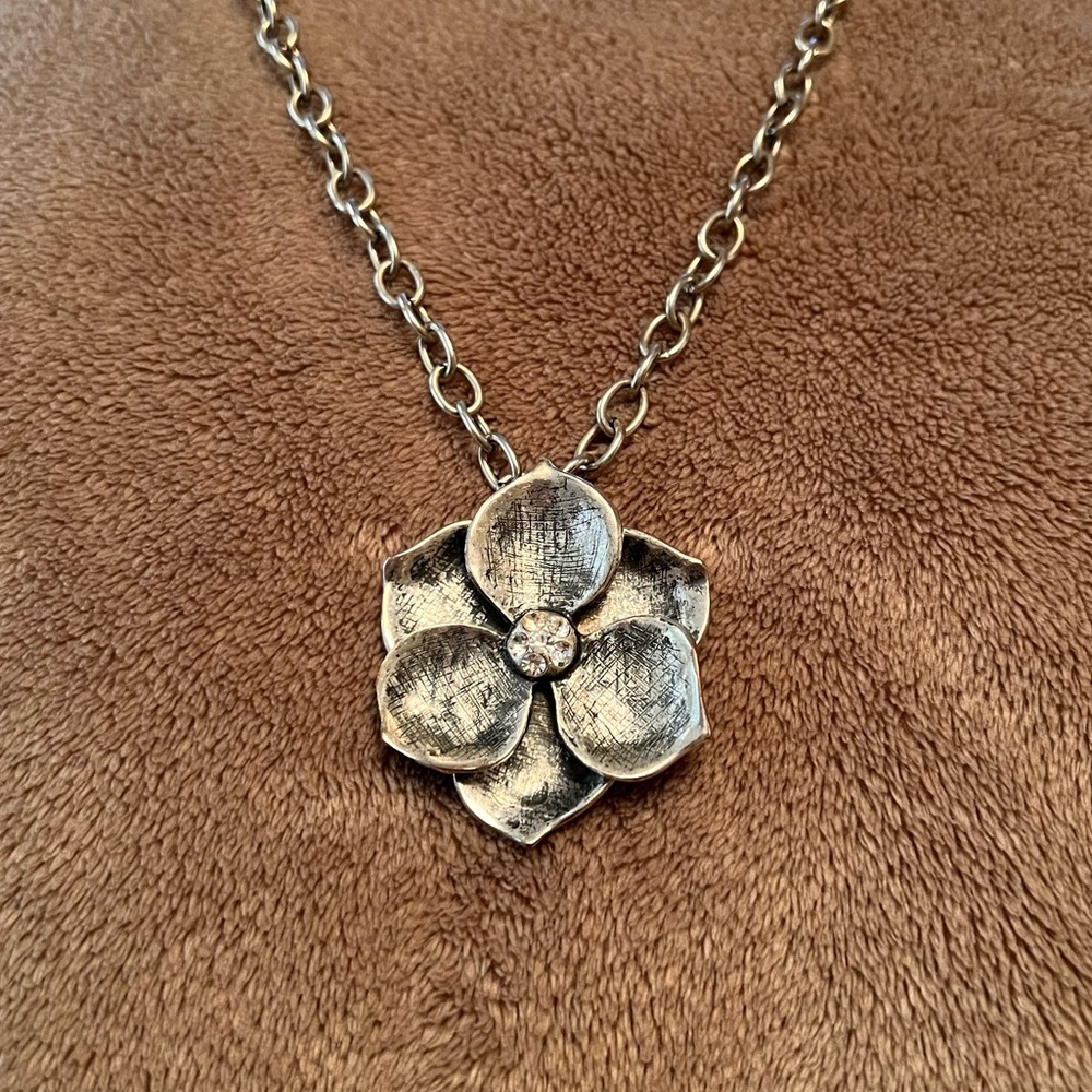 Heavy Silver Long Vintage Necklace with Large Metal Flower and Tiny Crystals